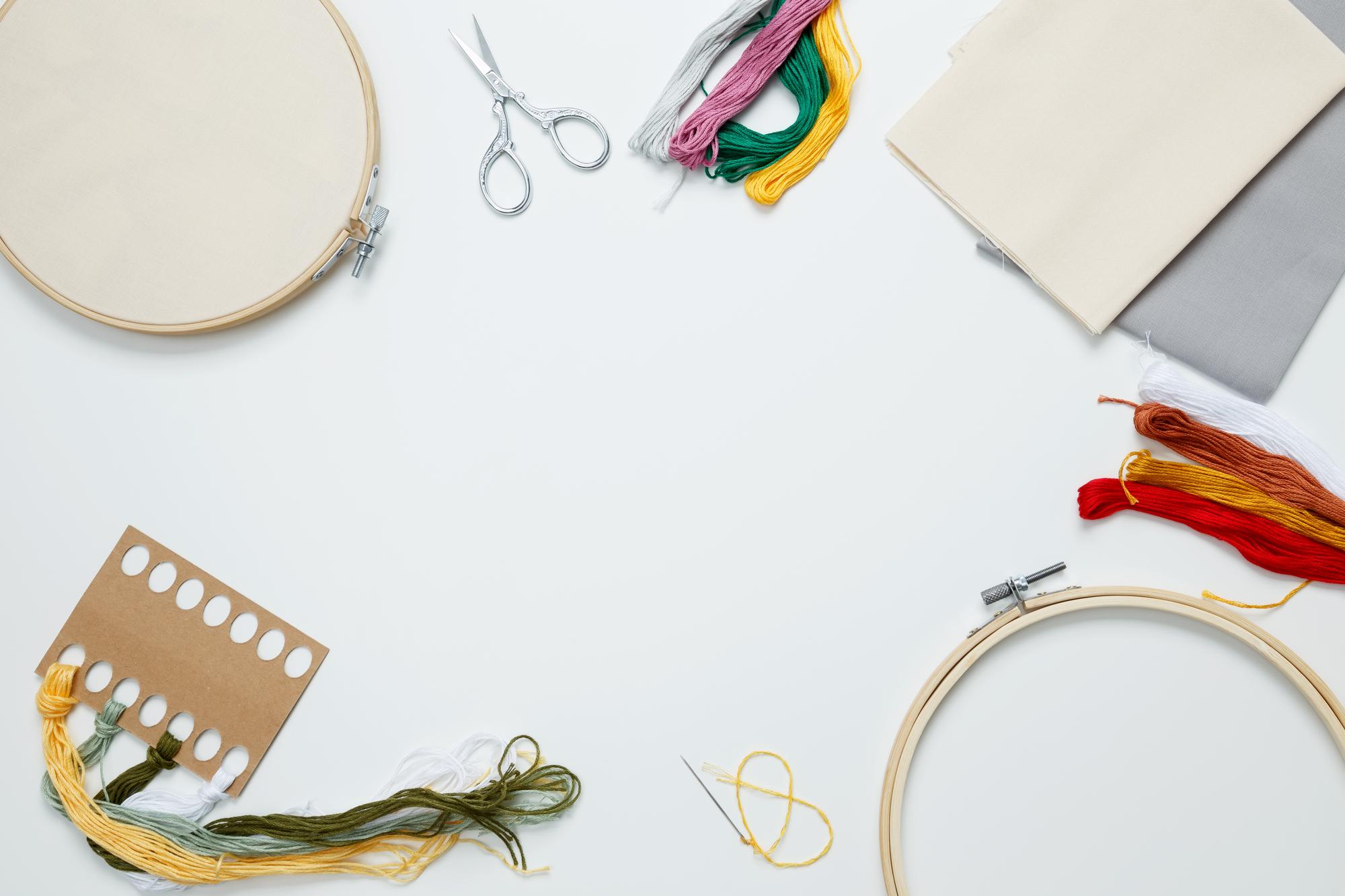 Workshop table with hoop and needles