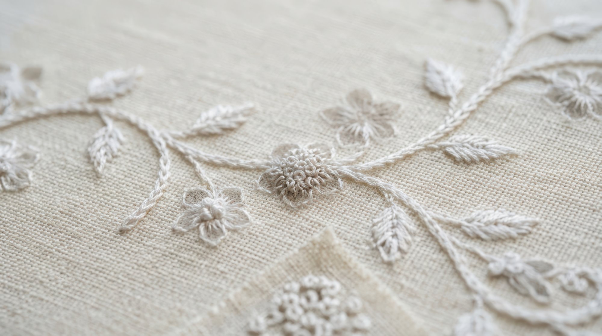 Close-up of embroidered floral pattern on linen