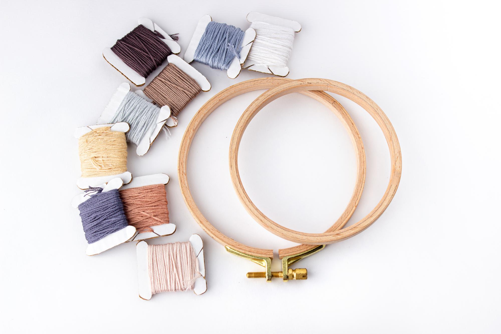 Studio with embroidery hoop and colorful threads
